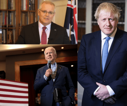 Australian Prime Minister Scott Morrison, UK Prime Minister Boris Johnson and US President Joe Biden