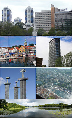 (top down, clockwise) * Breiavatnet * Rica Forum Hotel * Stavanger aerial photo * Lille Stokkavann * Monument to the Battle of Hafrsfjord * View of Vagen