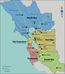 A map demarcating the boundaries of the nine-county Bay Area and the five subregions within.