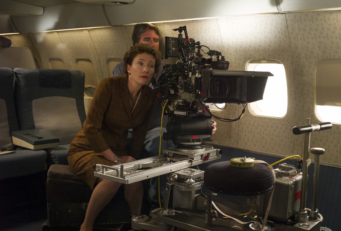 Actor Emma Thompson (as P.L. Travers) looking through a camera behind-the-scenes in the movie "Saving Mr. Banks".