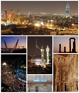 Amman city, from right to left and from above to below: Abdali Project dominating Amman's skyline, Temple of Hercules on Amman Citadel, King Abdullah I Mosque and Raghadan Flagpole, Abdoun Bridge, Umayyad Palace, Ottoman Hejaz railway station and Roman Theater.