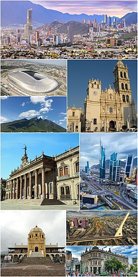 Left: View of the city, include two skycraper Hidalgo Avenue and San Pedro Garza García area, Estadio BBVA, Cerro de la Silla (Mount Saddle), Nuevo León Government Palace, Obispado Palace Museum, Right:Monterrey Metropolitan Cathedral, San Pedro Garza Garcia business area, Puente de la Unidad (Unidad Bridge), Banorte financial heritage building on Morelos Street (all items from top to bottom)