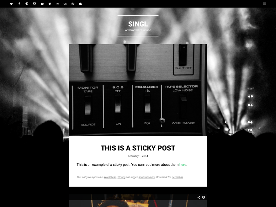 Singl is a minimalist theme that helps you to create a strong — yet beautiful — online presence. Primarily designed for music artists, Singl is a powerful and flexible theme.