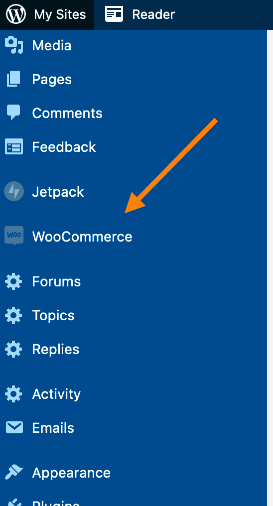 WordPress.com dashboard options, with an arrow pointing to WooCommerce