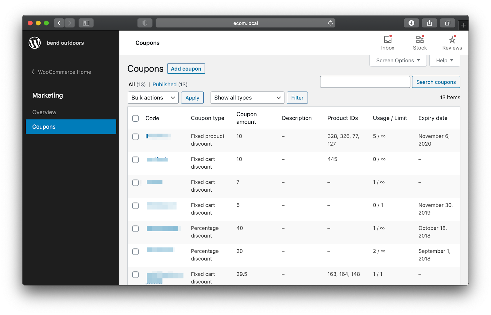 Screenshot of the WooCommerce Marketing > Coupons screen, where coupons are managed