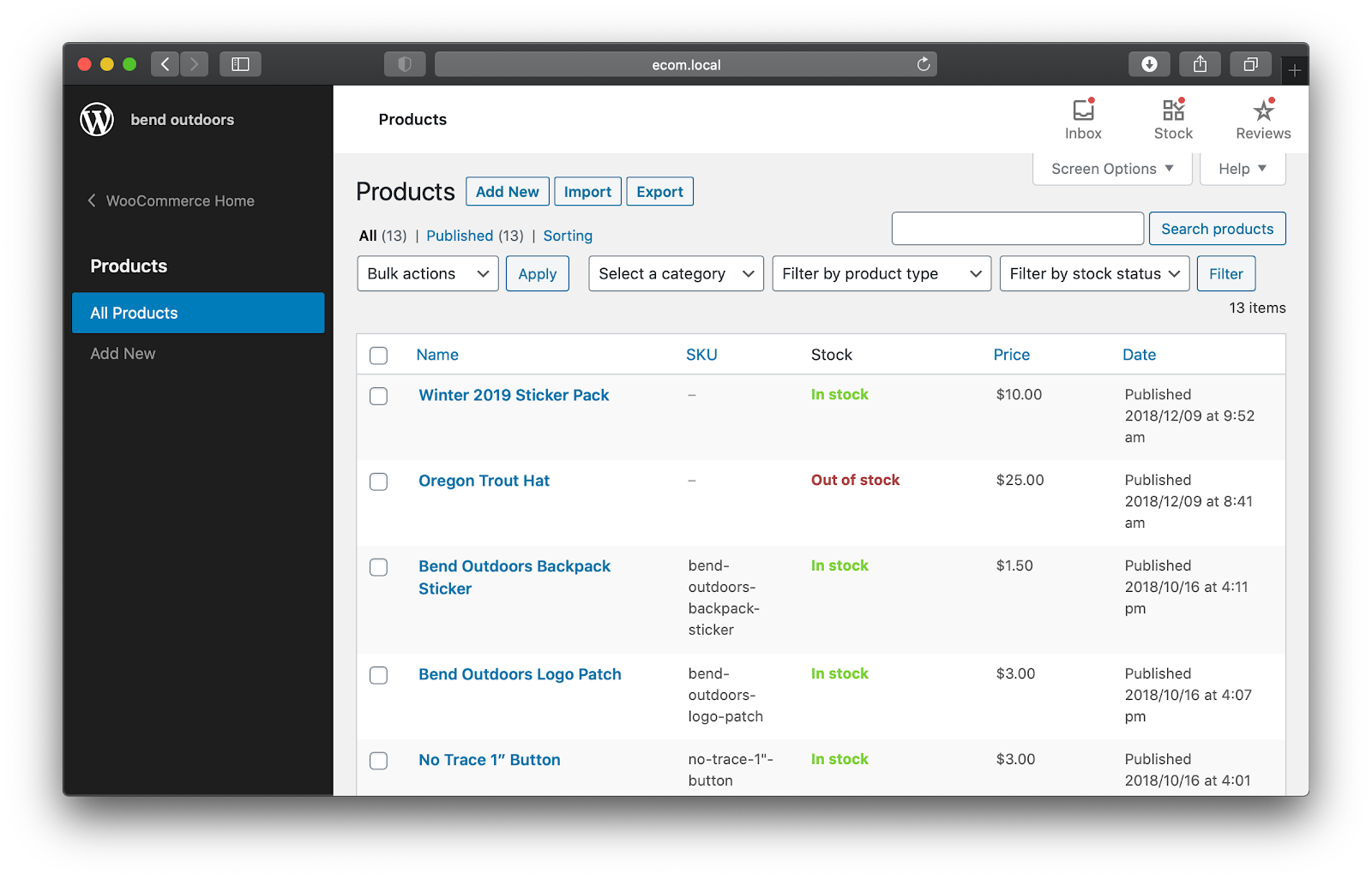 Screenshot of the WooCommerce product management screen