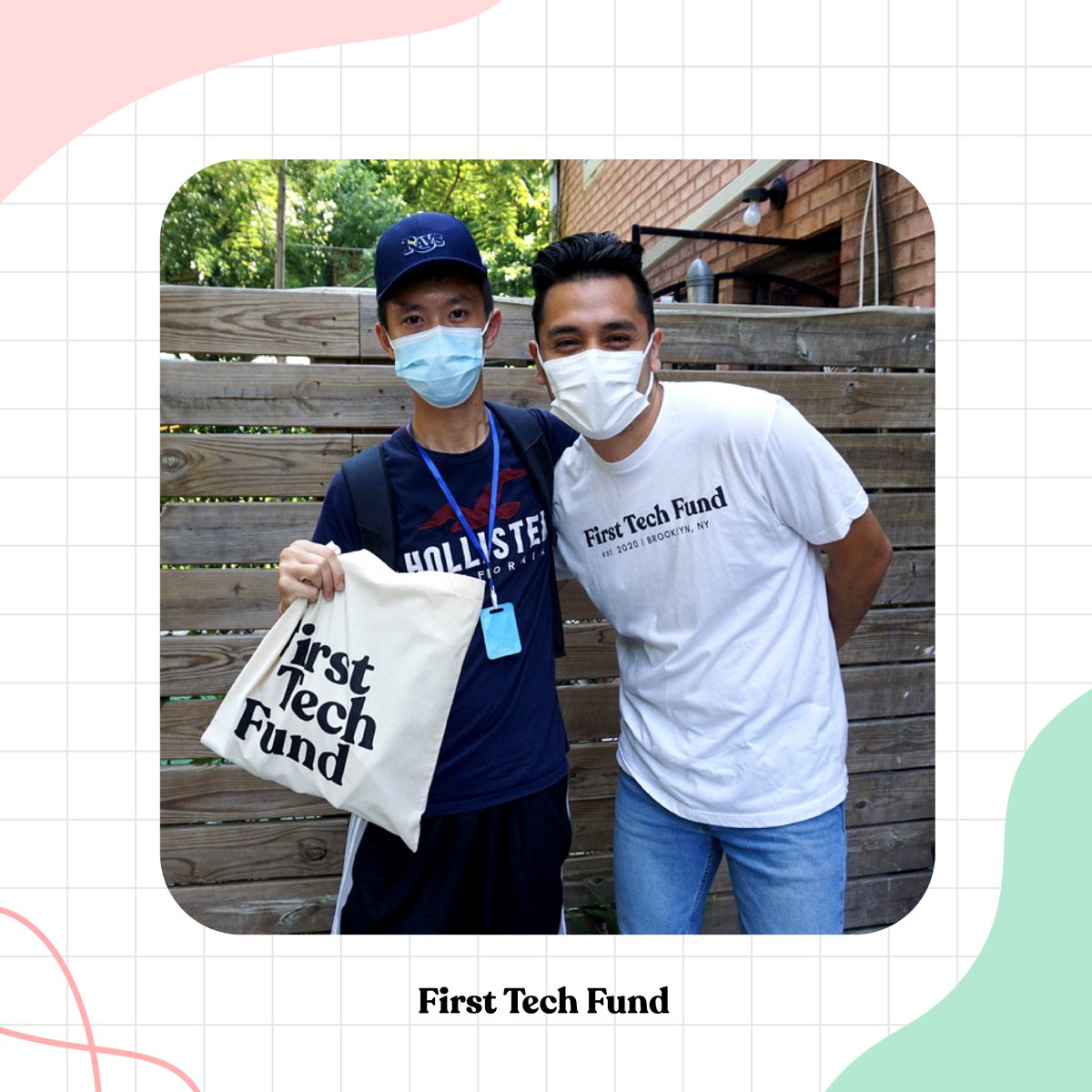 Photograph of First Tech Fund student smiling and showing their First Tech Fund tote bag alongside First Tech Fund CEO, Josue De Paz