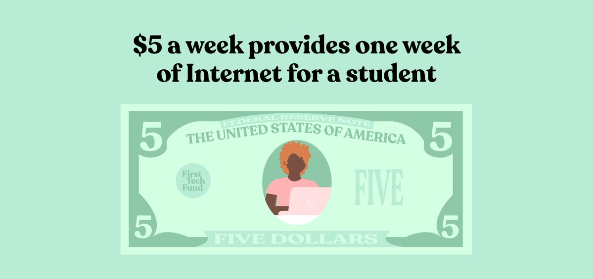 A graphic of a First Tech Fund $5 bill under text that says $5 a week provides one week of Internet for a student