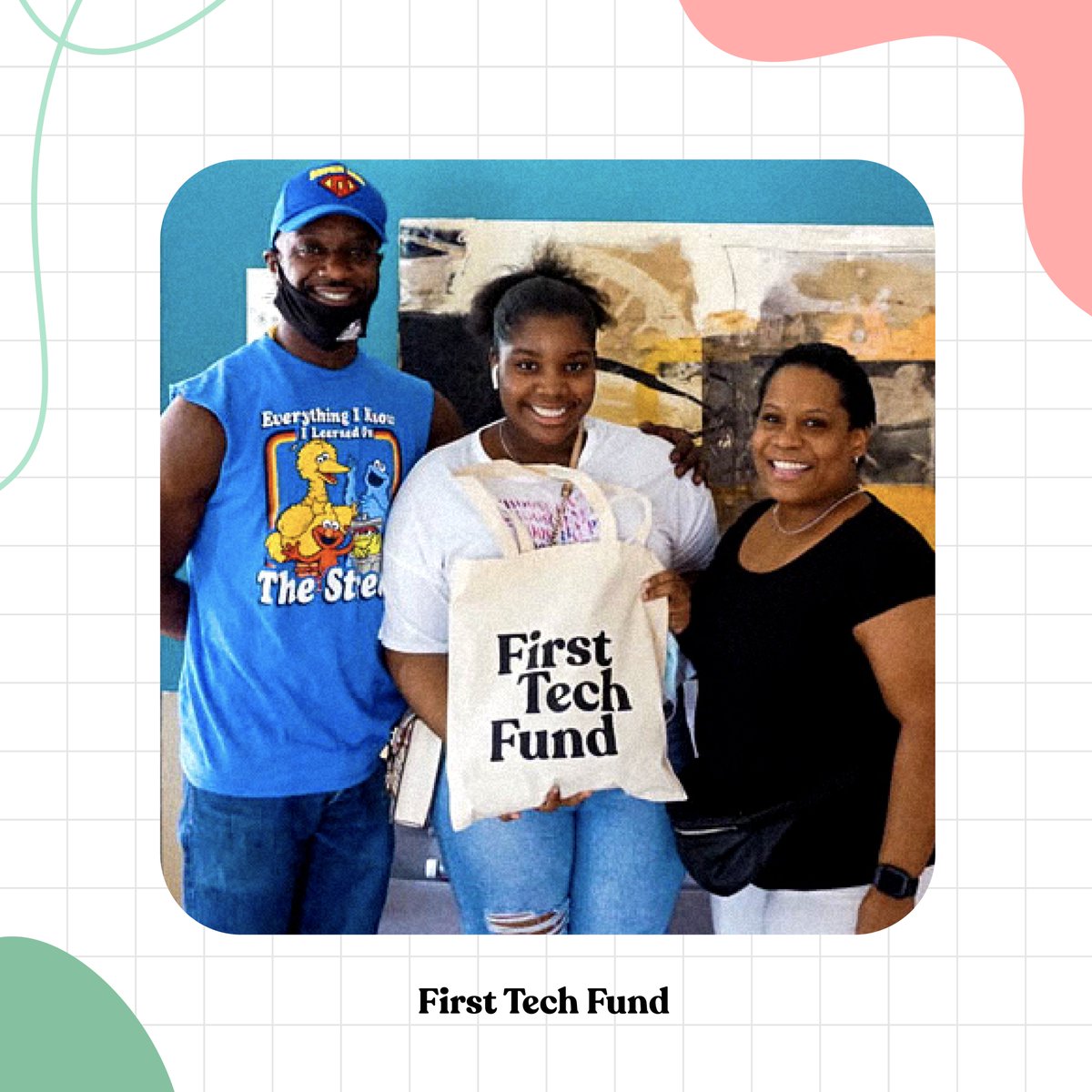Two square images side by side show two different families from the Bronx holding up their First Tech Fund tote bag full of digital equipment to be used for the 2021-2022 school year.