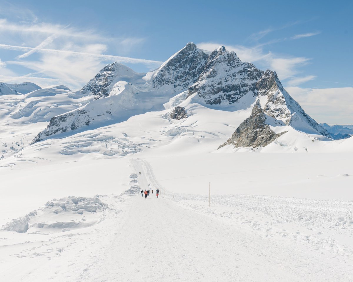 A snow covered landscape with blue skies and mountain peaks. There are some people in it but they look impressively tiny compared to the landscape.