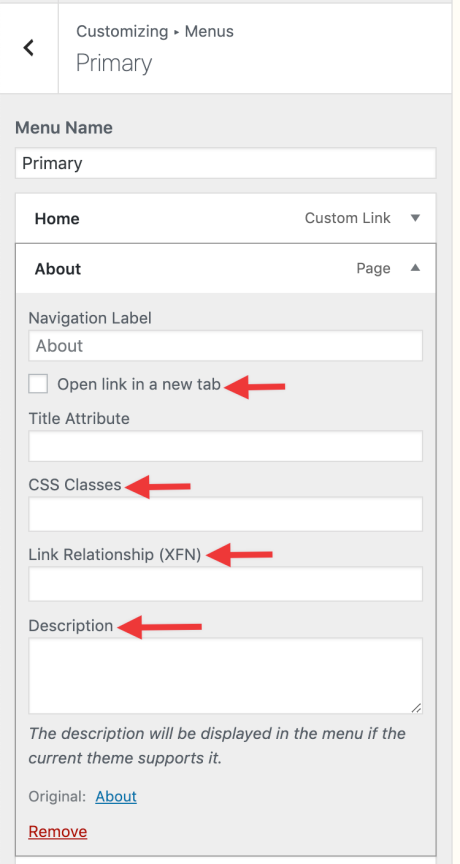 Advanced Menu Settings in the menu item panel