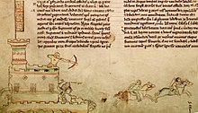 A drawing in the borders of a manuscript of an archer in a tower shooting at a horse-back rider