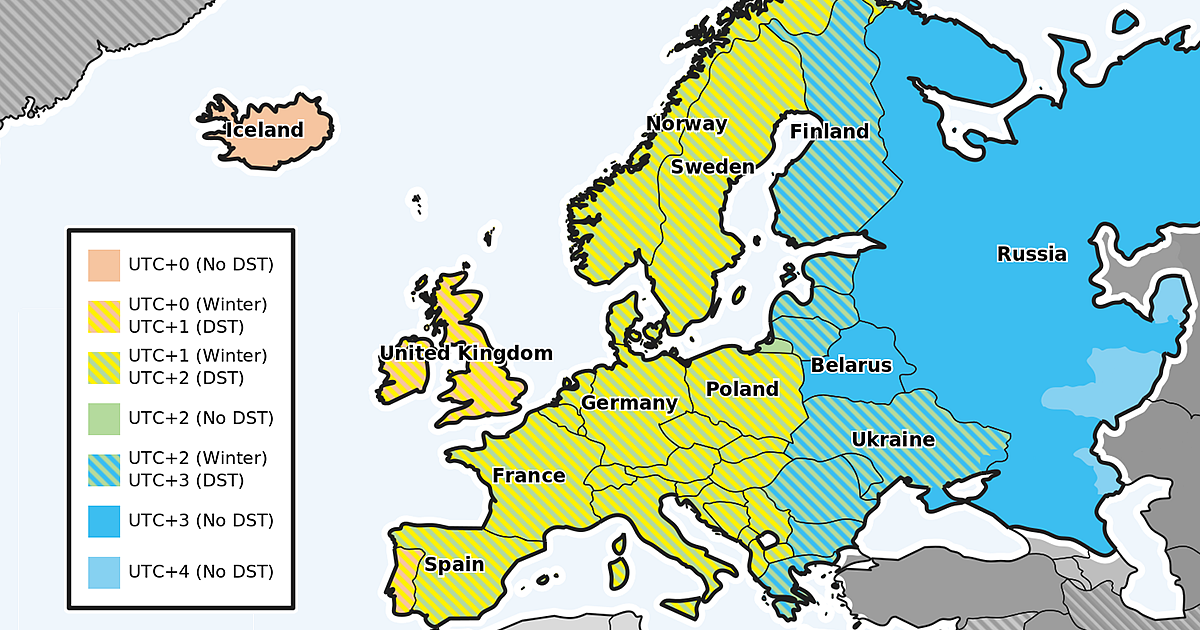 A map showing time zones in Europe.