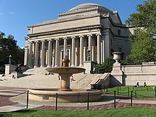 The Low Library, a neoclassical building, with fountain