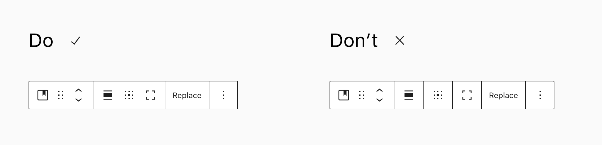 A screenshot comparing a block toolbar with good vs. bad toolbar segment groupings.