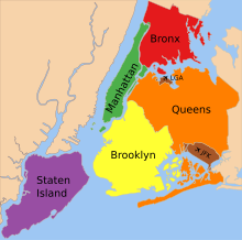 A map showing five boroughs in different colors.