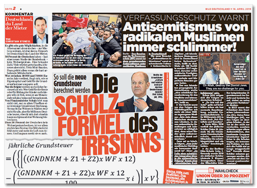 Großer Artikel auf Seite 2 der Bild-Zeitung - Überschrift: Verfassungsschutz warnt - Antisemitismus von radikalen Muslimen immer schlimmer!