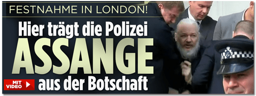 Screenshot Bild.de - Festnahme in London! Hier trägt die Polizei Assange aus der Botschaft