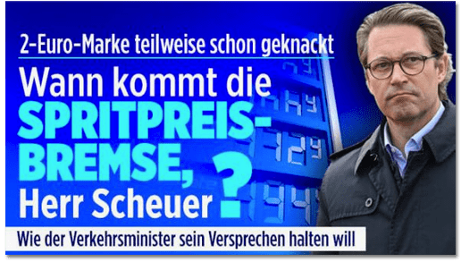 Screenshot Bild.de - Zwei-Euro-Marke teilweise schon geknackt - Wann kommt die Spritpreis-Bremse, Herr Scheuer? Wie der Verkehrsminister sein Versprechen halten will