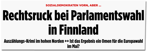 Screenshot Bild.de - Sozialdemokraten vorn, aber ... Rechtsruck bei Parlamentswahl in Finnland - Auszählungs-Krimi im hohen Norden - Ist das Ergebnis ein Omen für die Europawahl im Mai?