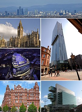 Clockwise from top: Manchester city centre as seen from a distance of approximately 12 miles (19.5 kilometres) in Alderley Edge, Beetham Tower, Manchester Civil Justice Centre, Midland Hotel, One Angel Square, Manchester Town Hall