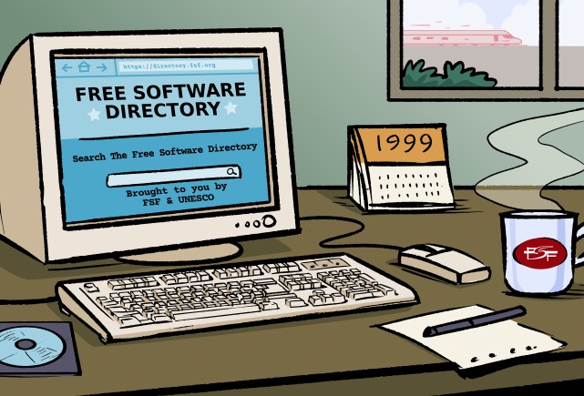 Picture of the Free Software Directory on a desktop computer.