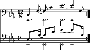 
{
       \relative c, <<
        \new Staff <<
           \new voice {
              \clef bass \time 12/8 \key c \minor
              \set Score.tempoHideNote = ##t \tempo 4 = 100      
              \stemDown \override NoteHead.style = #'cross \repeat volta 2 { es4. es es es }
       }
          \new voice {
              \set Score.tempoHideNote = ##t \tempo 4 = 100     
              \time 12/8
              \stemUp \repeat volta 2 { c'4 g'8~ g c4 es4.~ es4 g,8 } \bar ":|."
       } >>
       \new Staff <<
          \new voice {
              \clef bass \time 12/8 \key c \minor
              \set Staff.timeSignatureFraction = 4/4
              \scaleDurations 3/2 {
                  \set Score.tempoHideNote = ##t \tempo 8 = 100      
                  \stemDown \override NoteHead.style = #'cross \repeat volta 2 { es,4 es es es }
              }
       }
          \new voice \relative c' {
              \time 12/8
              \set Staff.timeSignatureFraction = 4/4
              \scaleDurations 3/2 {
                  \set Score.tempoHideNote = ##t \tempo 4 = 100     
                  \stemUp \repeat volta 2 { c,8. g'16~ g8 c es4~ es8. g,16 } \bar ":|."
              }
       } >>
  >> }
