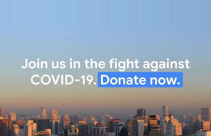 Image of a city skyline with the words "Join us in the fight against COVID-19. Donate now."