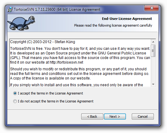 TortoiseSVN End-User License Agreement Screen