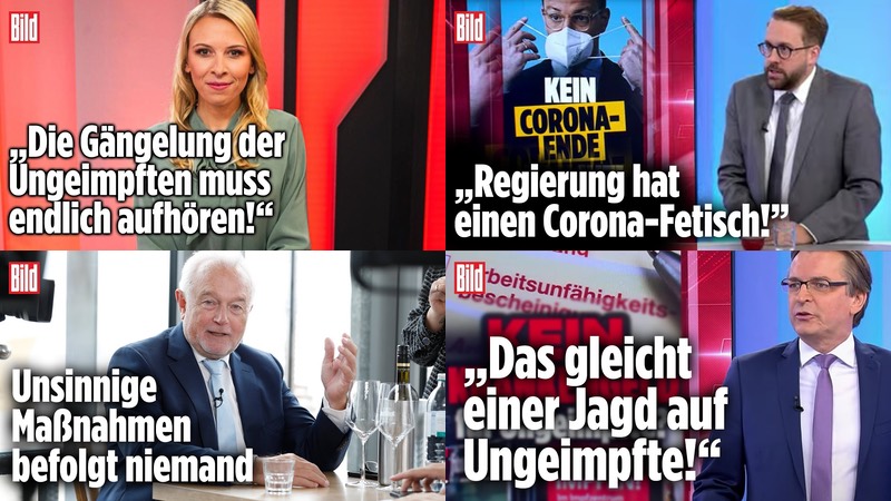 Bild-Live-Schlagzeilen: "Die Gängelung der Ungeimpften muss endlich aufhören!", "Regierung hat einen Corona-Fetisch!", Unsinnige Maßnahmen befolgt niemand, "Das gleicht einer Jagd auf Ungeimpfte!"