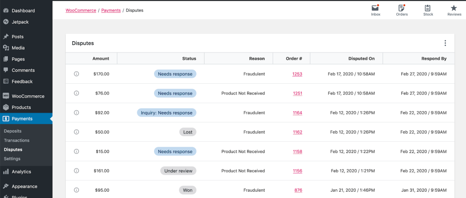 Payments > Disputes administration screen screenshot