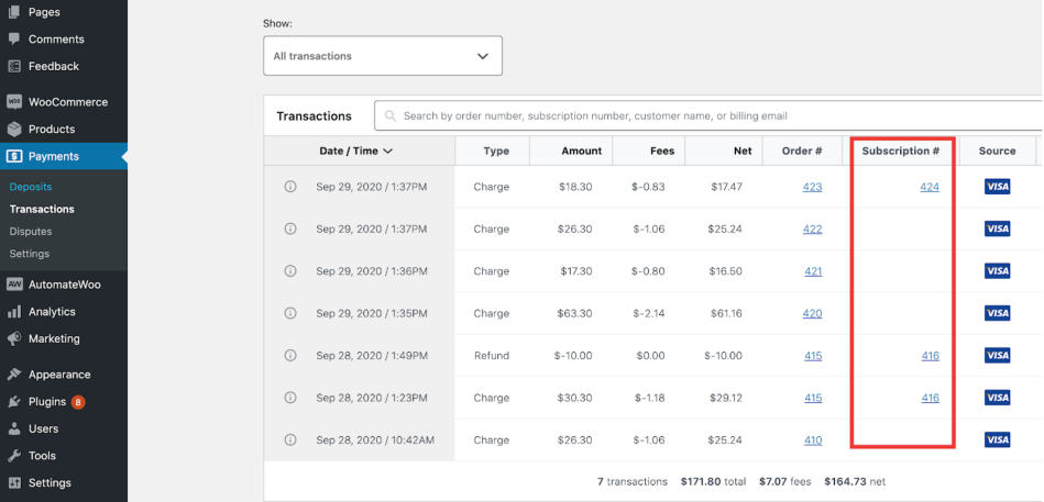 The WooCommerce Payments screen found under Payments > Transactions