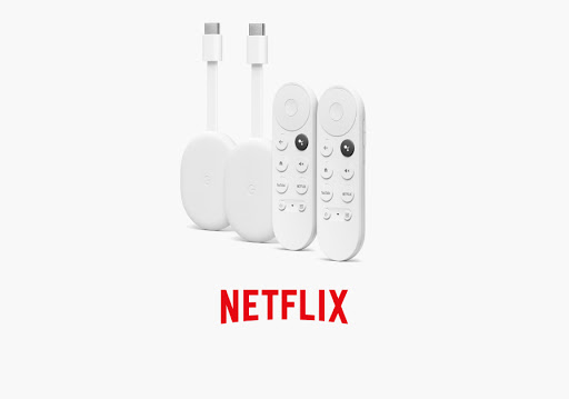 The new Chromecast with Google TV near a Netflix logo.