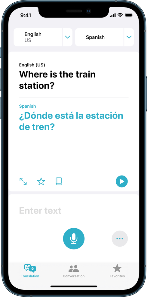 La pestaña Traducción mostrando dos selectores de idiomas (inglés y español) en la parte superior, una traducción en el centro y el campo “Ingresar texto” cerca de la parte inferior.