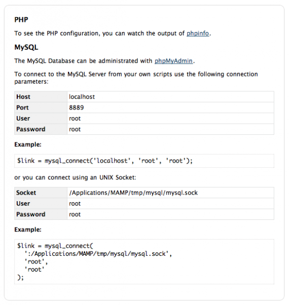 MySQL Connection Information on Welcome Page Screen