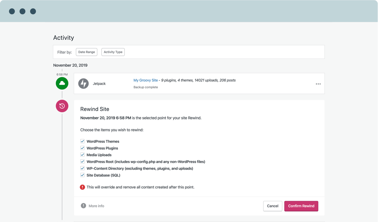 Image showing the interface that allows users to restore their sites to particular backups