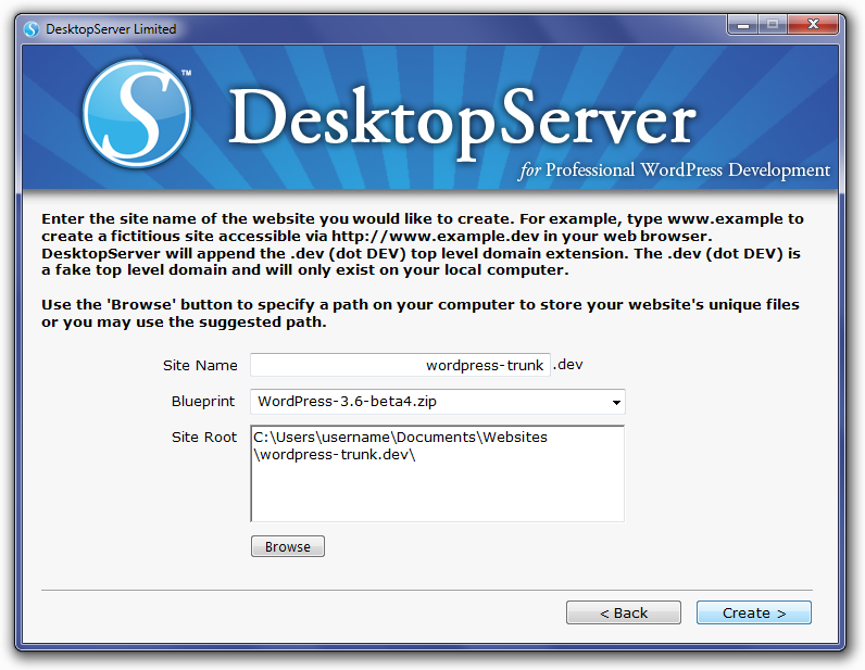 DesktopServer Create A New Development Website With 3.6 Beta4 Selected Screen