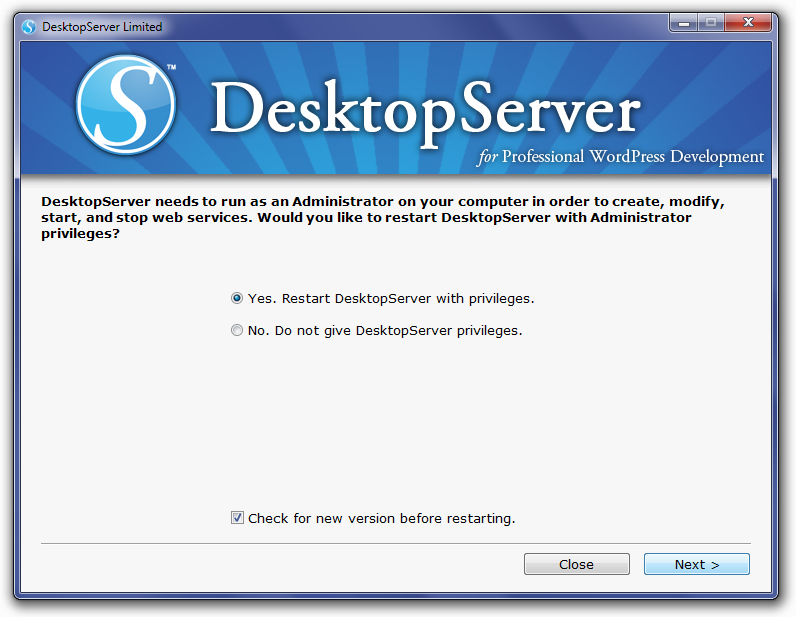 DesktopServer Grant Administrator Privileges Screen