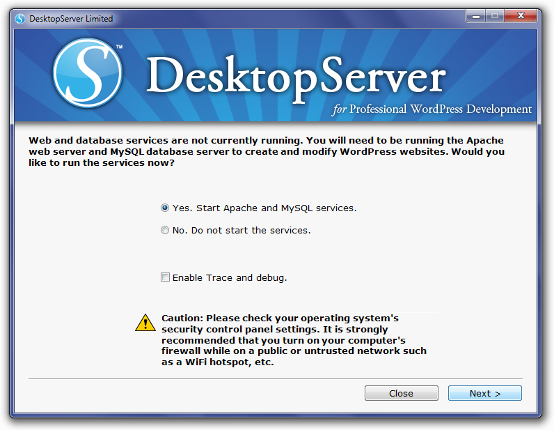 DesktopServer Start Apache and MySQL Services Screen