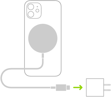 ภาพประกอบที่แสดงปลายด้านหนึ่งของที่ชาร์จ MagSafe แนบติดอยู่กับด้านหลังของ iPhone และปลายอีกด้านหนึ่งเสียบเข้ากับอะแดปเตอร์แปลงไฟ