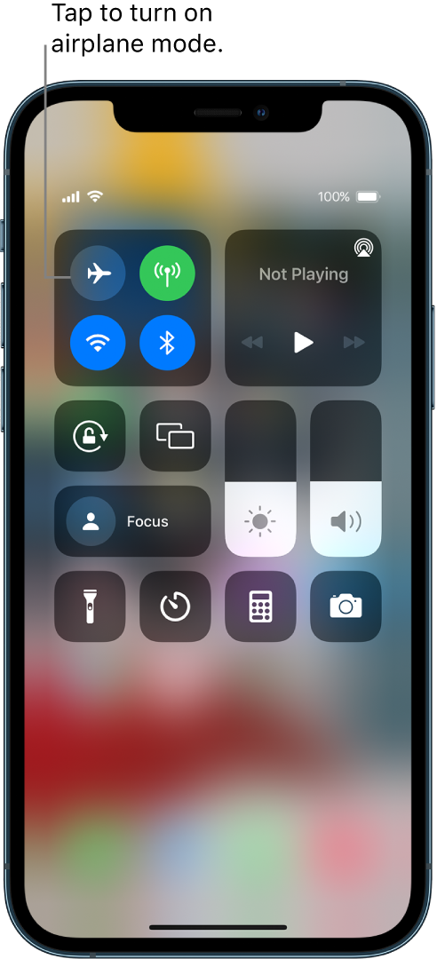 The Control Center screen showing that tapping the top-left button turns on airplane mode.