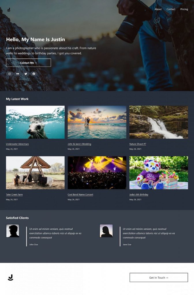 Image showing a portfolio page with a banner at the top, a list of the latest work in the middle, and customer reviews at the bottom. 