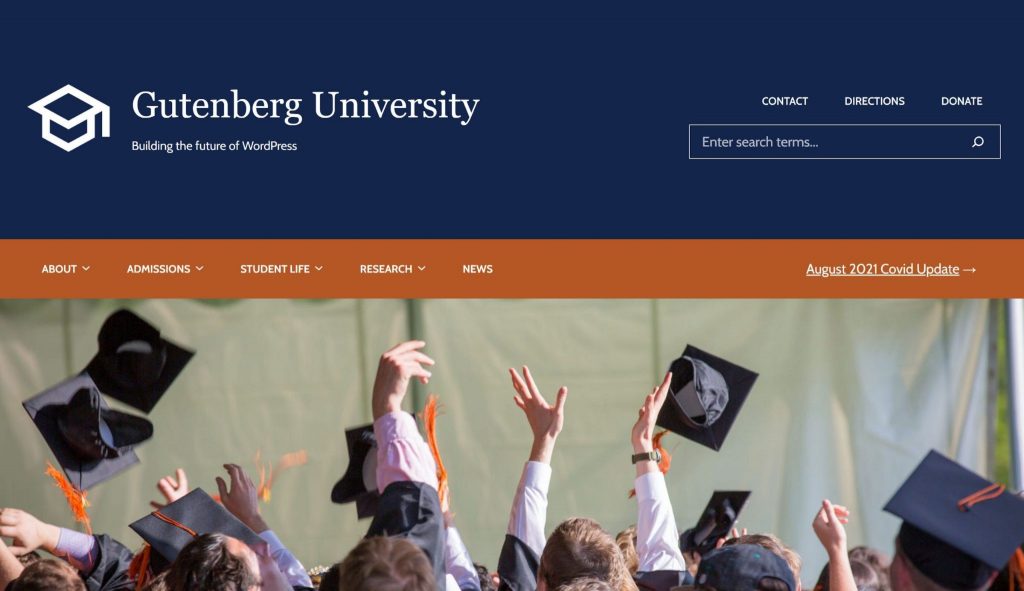 Image showing a pretend Gutenberg University with blue and orange colors and two menus of varying complexities.