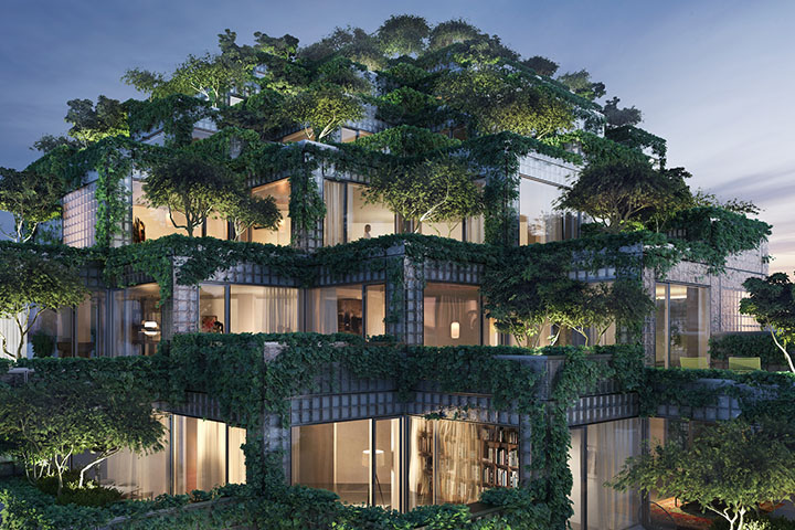 Rendering of the residential units at the KING Toronto urban development, covered with a skin of lush gardens