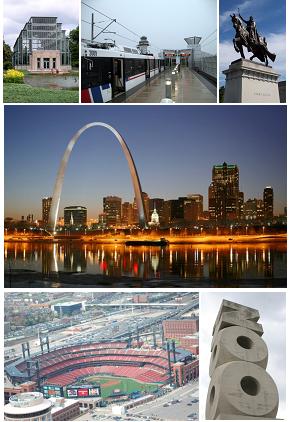 From top to bottom, left to right: The Jewel Box, train at St. Louis Lambert International Airport, the Apotheosis of St. Louis, Gateway Arch and the Downtown St. Louis skyline, Busch Stadium, and the Saint Louis Zoo