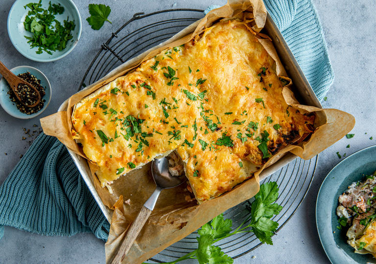 Hvit lasagne med laks og squash