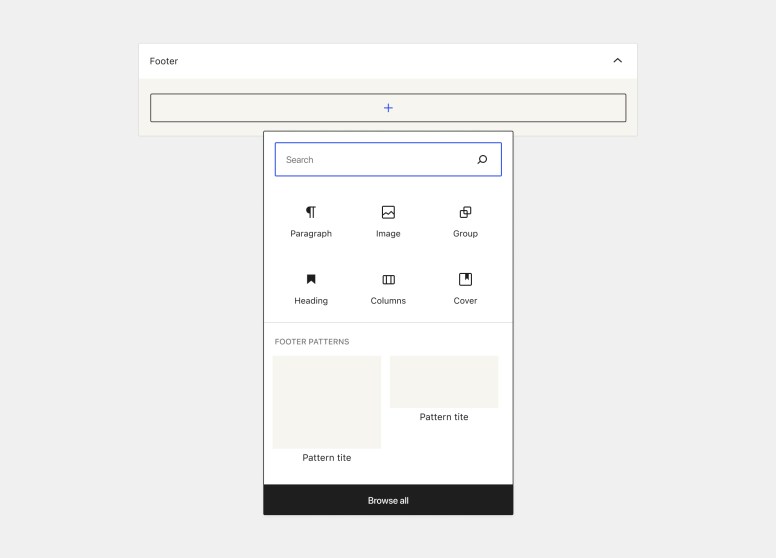 Footer widget area with a search bar and block options in the top section and pattern options in a section below. There's a black “browse all” button that stretches across the bottom of the popover.