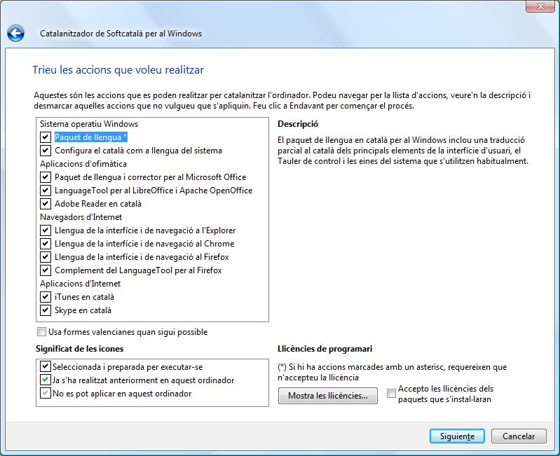 Captura de la interfície del Catalanitzador per al Windows.