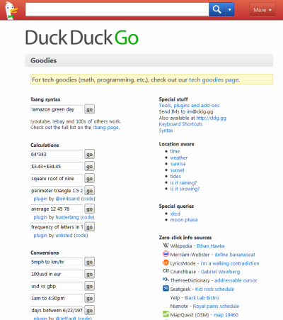 DuckDuckGo Goodies page featuring conversions and common searches.