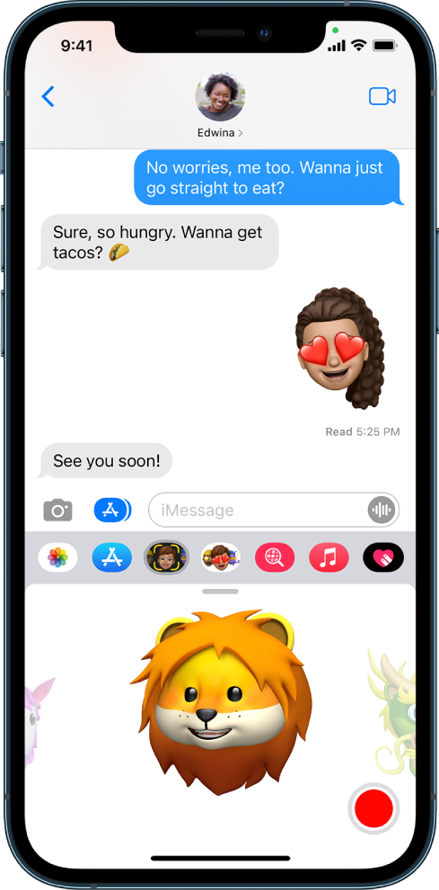 Una conversación de Mensajes con un Memoji seleccionado, listo para grabar y enviar.